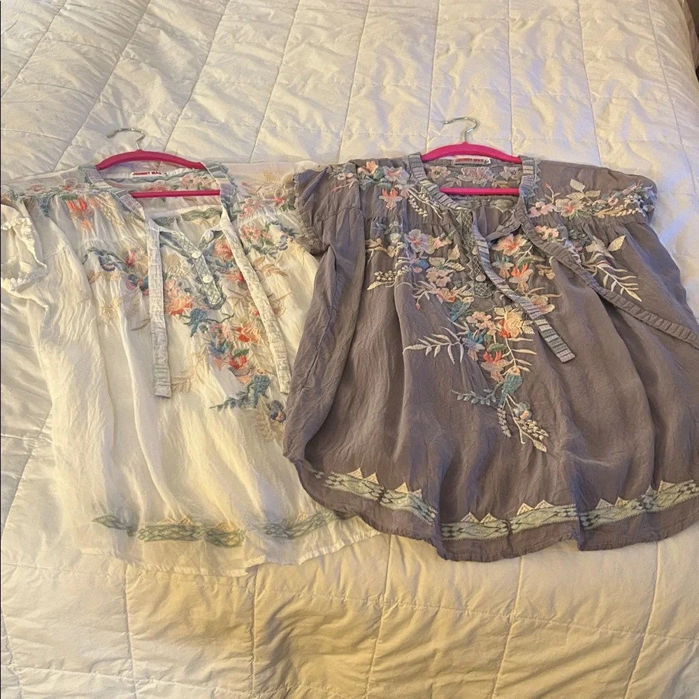 Johnny Was White and Gray Embroidered Boho Blouse (Pair) - Picture 1 of 10